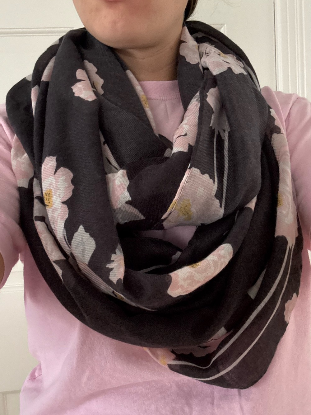 LOFT Dark Grey Infinity Scarf with Pink Floral Print